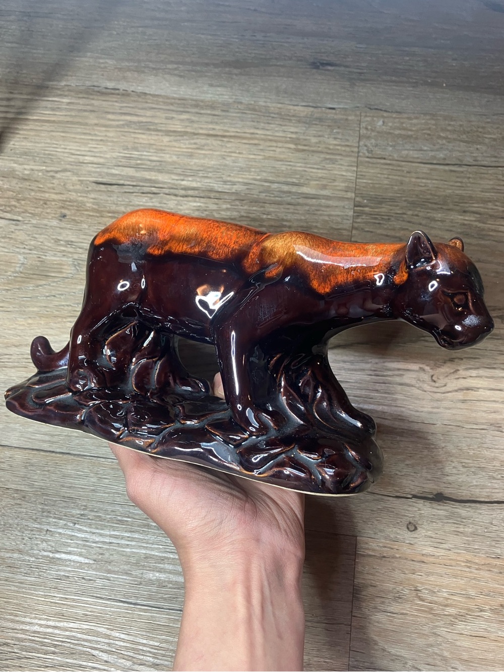 Vtg MCM Ceramic Cougar Panther Figurine Brown & Orange Drip Glaze Cat Figure